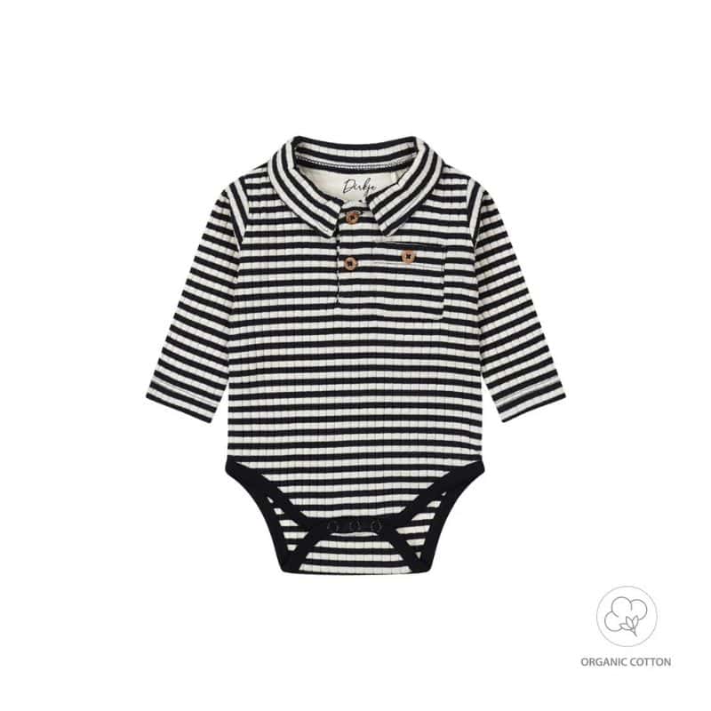 Dirkje jongens baby bio romper donkerblauw gestreept polo Dirkje jongens baby bio romper donkerblauw gestreept polo