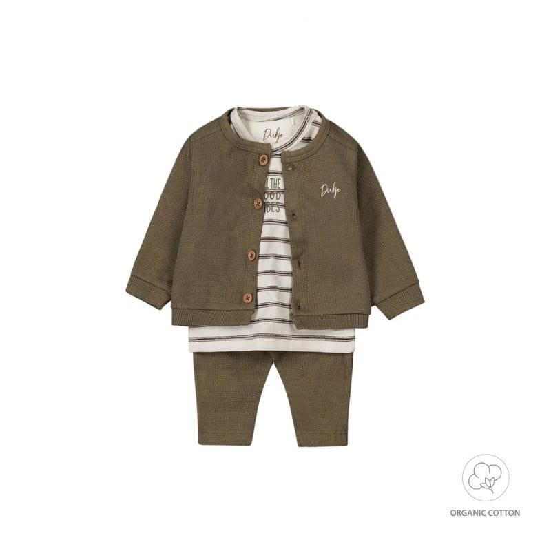 Dirkje jongens bio baby T-shirt broek vest groen offwhite Dirkje jongens bio baby T-shirt broek vest groen offwhite