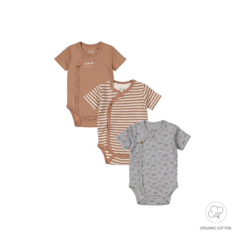 Dirkje jongens bio baby overslag romper set van 3 bruin blauw Dirkje jongens bio baby overslag romper set van 3 bruin blauw